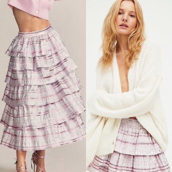 LoveShackFancy Dresses & Skirts - LoveShackFancy Party Midi Skirt Silver and Pink Metallic Layered Maxi Size 0